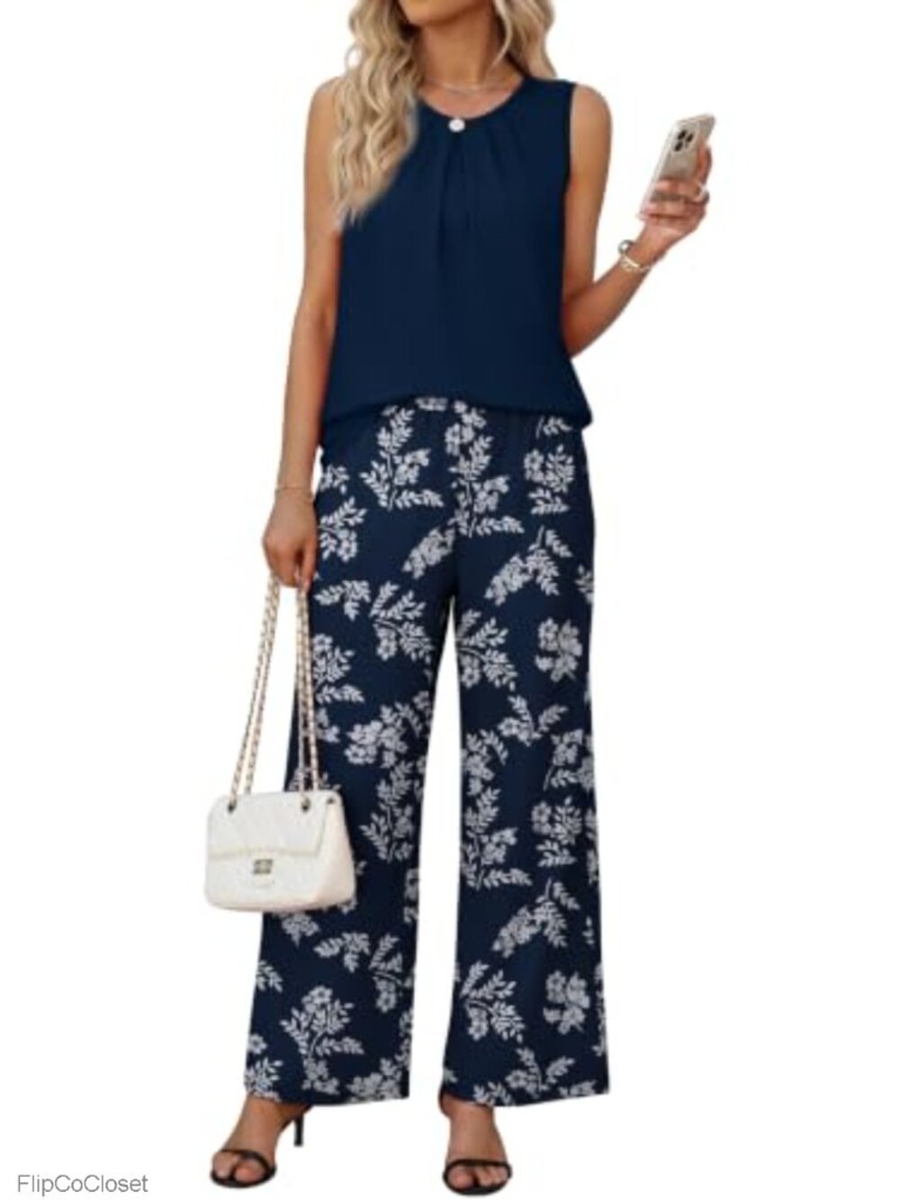 Womens Two Piece Pant Set Sleeveless Tank Wide Leg Lounge Travel Outfit